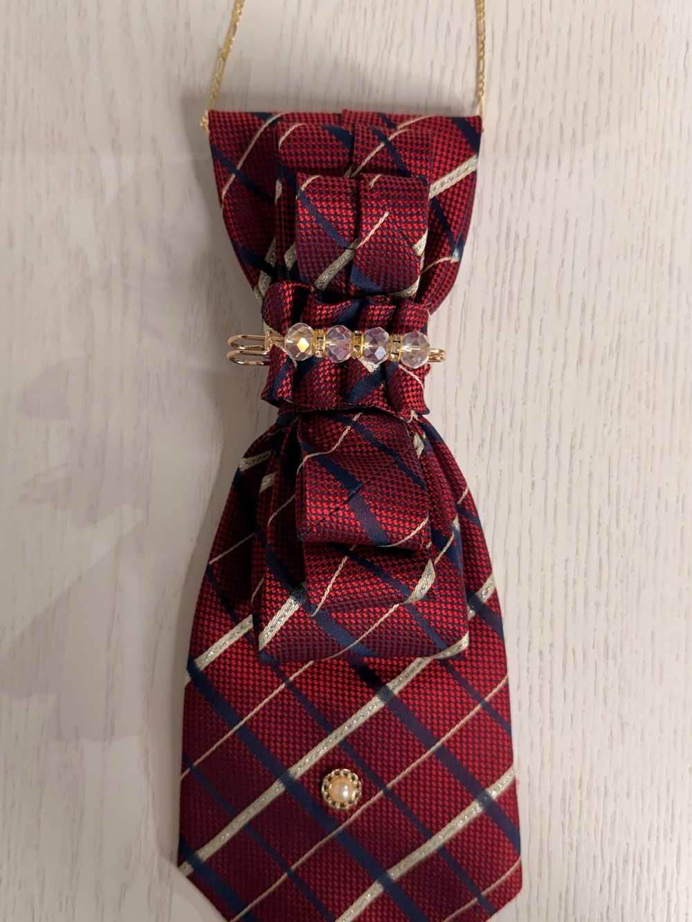 Red Plaid Bow Necklace with Crystal Accents